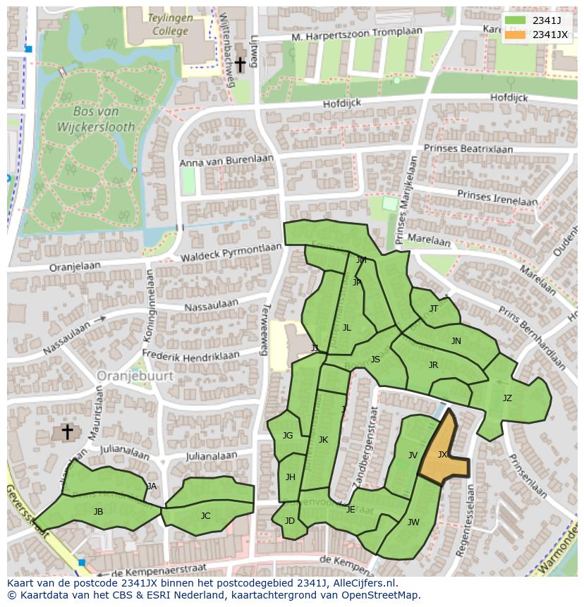 Afbeelding van het postcodegebied 2341 JX op de kaart.