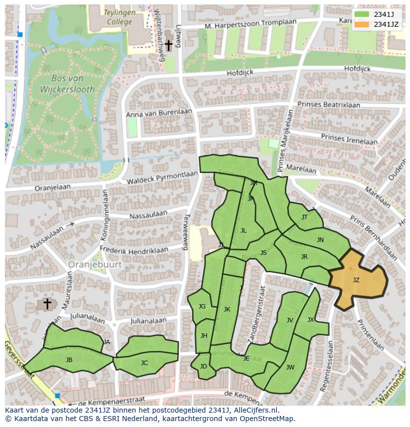 Afbeelding van het postcodegebied 2341 JZ op de kaart.
