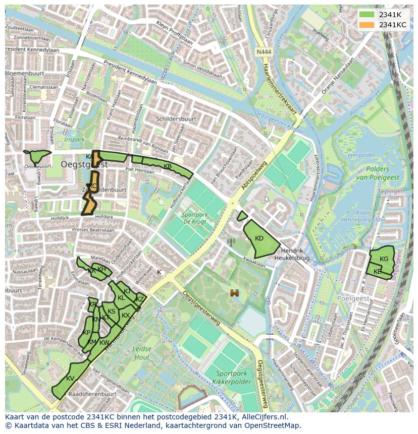 Afbeelding van het postcodegebied 2341 KC op de kaart.