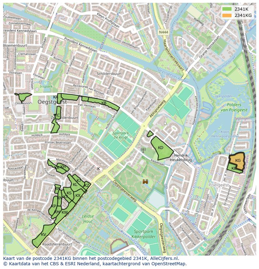 Afbeelding van het postcodegebied 2341 KG op de kaart.