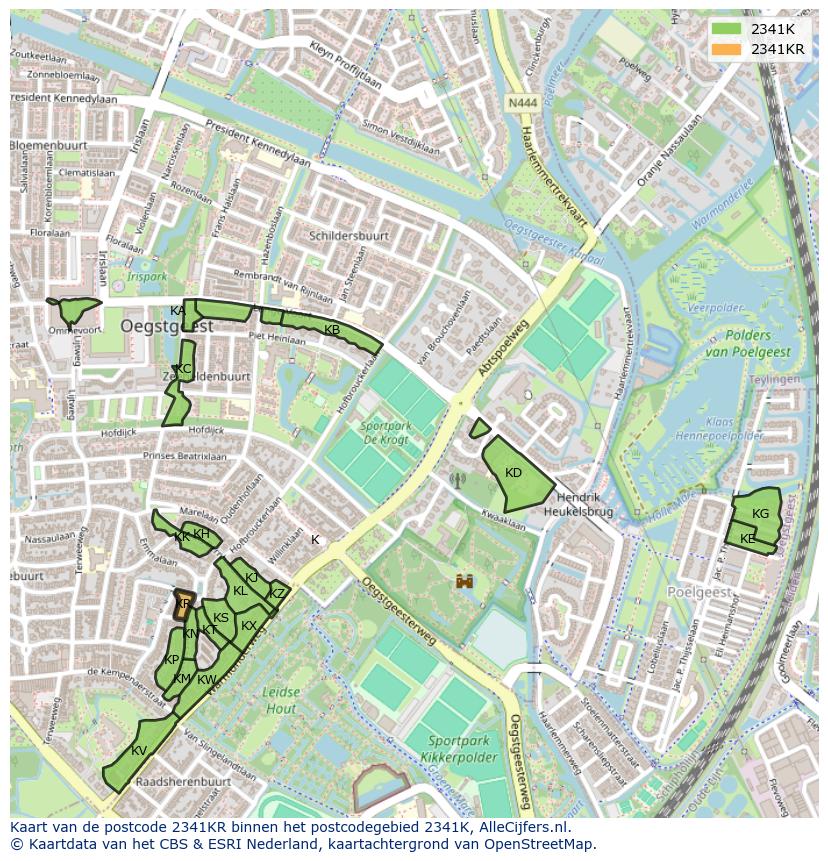Afbeelding van het postcodegebied 2341 KR op de kaart.