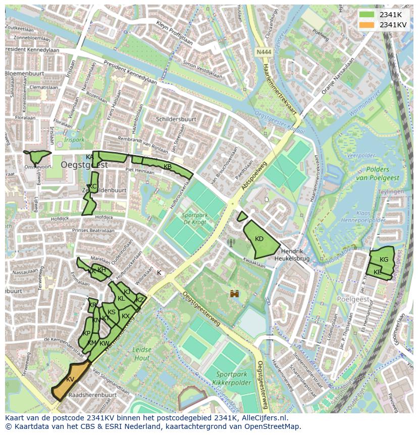 Afbeelding van het postcodegebied 2341 KV op de kaart.