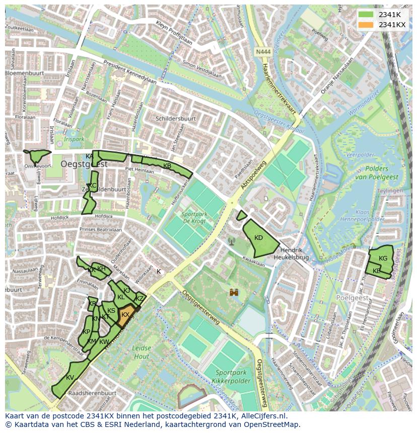 Afbeelding van het postcodegebied 2341 KX op de kaart.