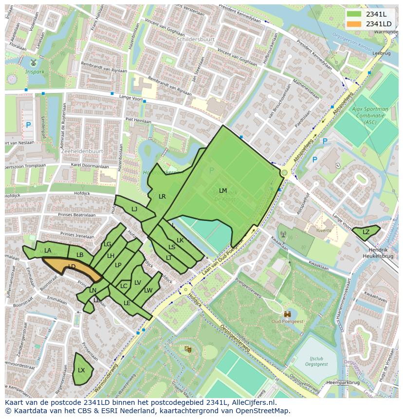 Afbeelding van het postcodegebied 2341 LD op de kaart.