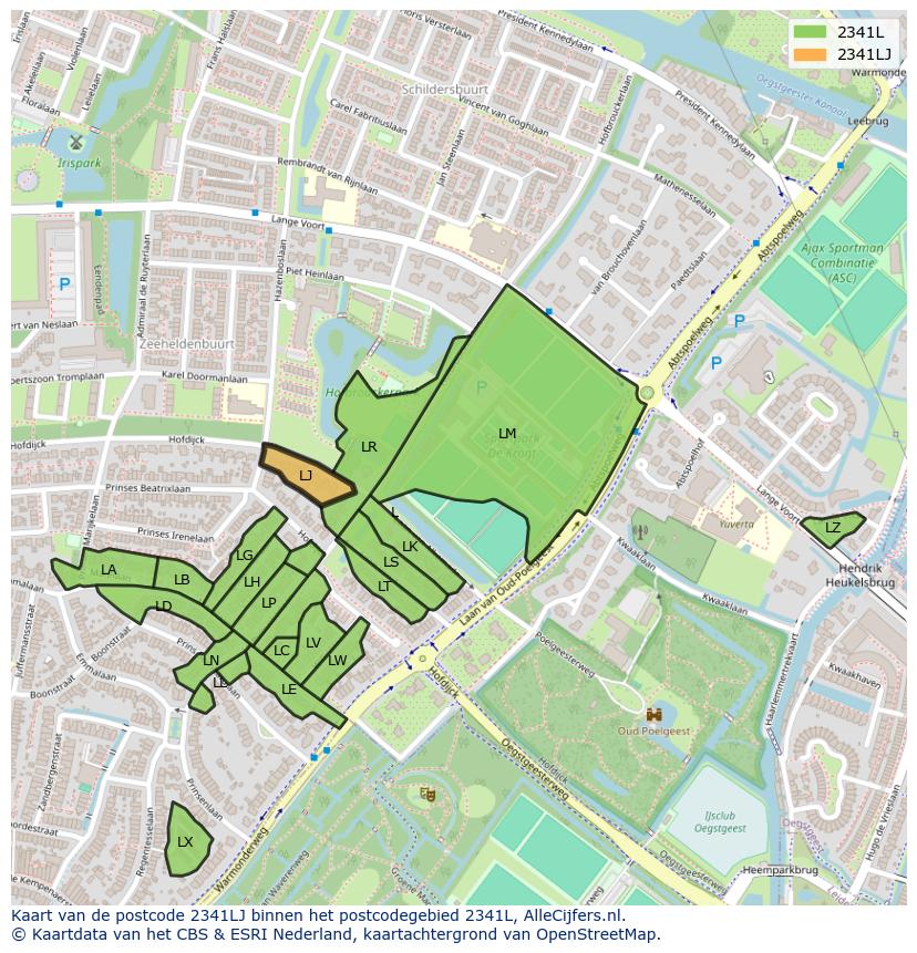 Afbeelding van het postcodegebied 2341 LJ op de kaart.