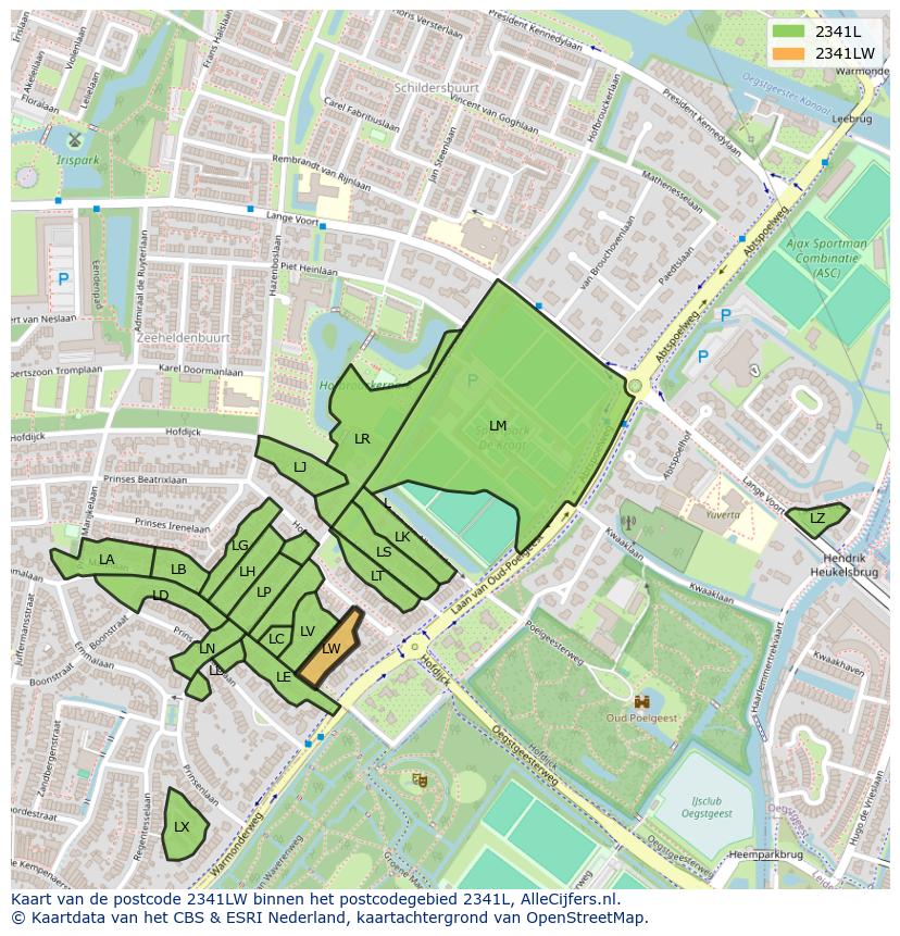 Afbeelding van het postcodegebied 2341 LW op de kaart.