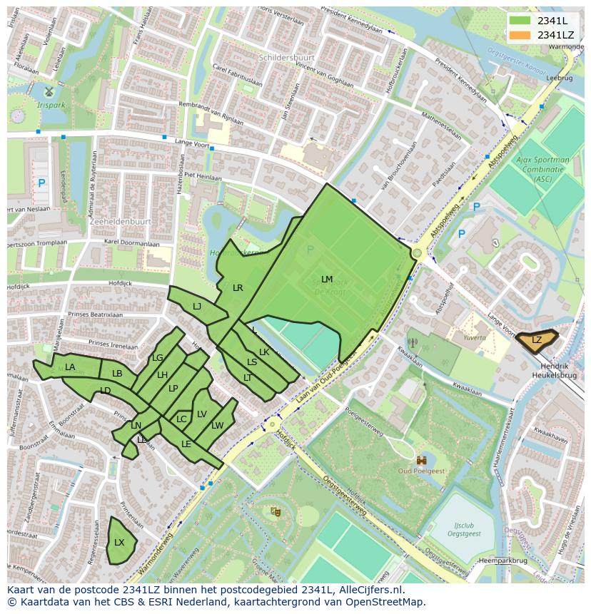 Afbeelding van het postcodegebied 2341 LZ op de kaart.