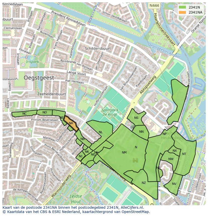 Afbeelding van het postcodegebied 2341 NA op de kaart.