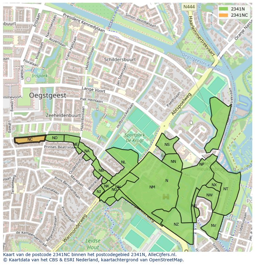 Afbeelding van het postcodegebied 2341 NC op de kaart.