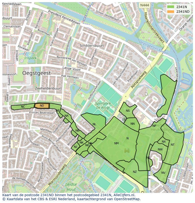 Afbeelding van het postcodegebied 2341 ND op de kaart.