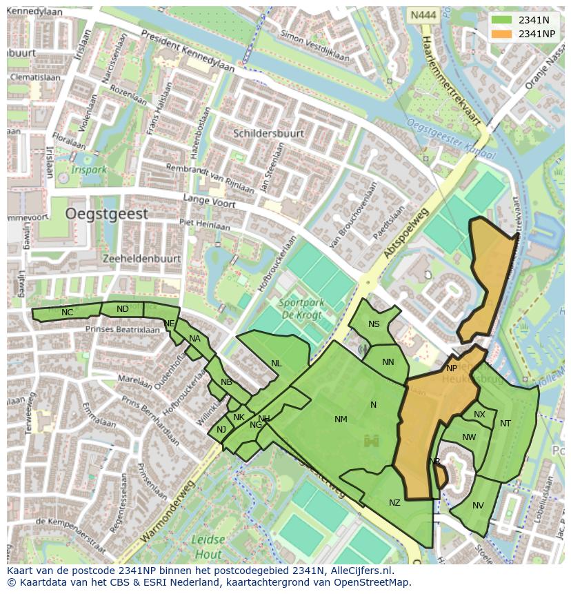 Afbeelding van het postcodegebied 2341 NP op de kaart.