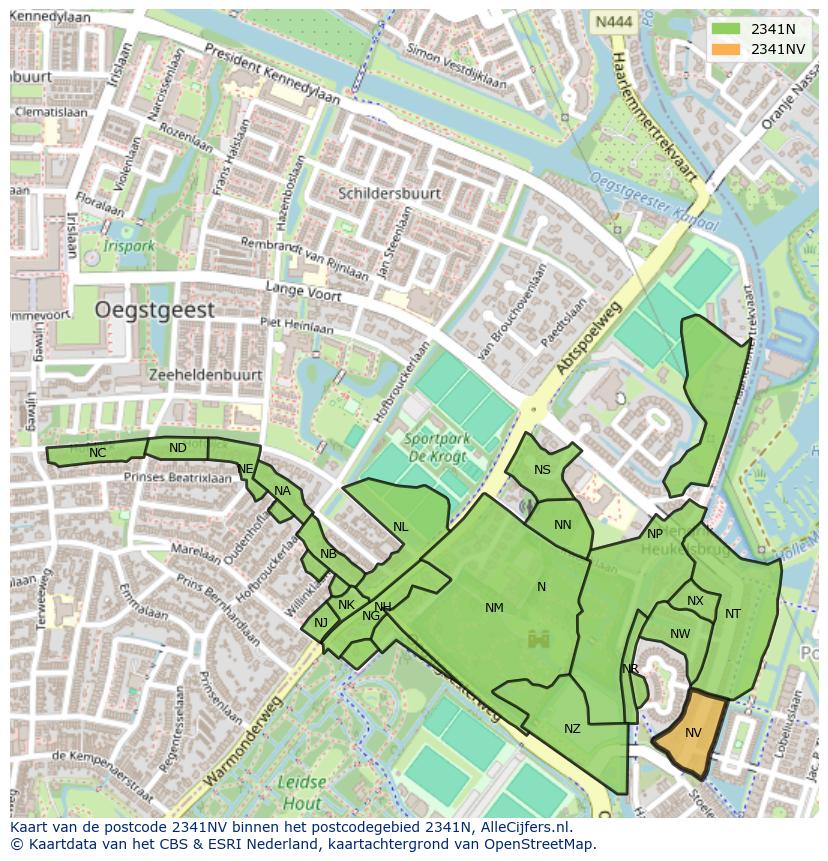 Afbeelding van het postcodegebied 2341 NV op de kaart.