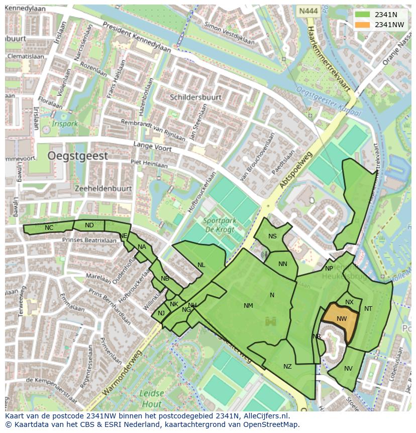 Afbeelding van het postcodegebied 2341 NW op de kaart.
