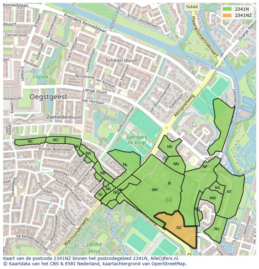 Afbeelding van het postcodegebied 2341 NZ op de kaart.
