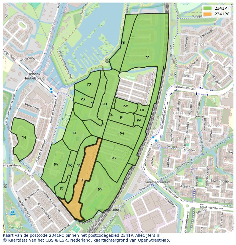 Afbeelding van het postcodegebied 2341 PC op de kaart.