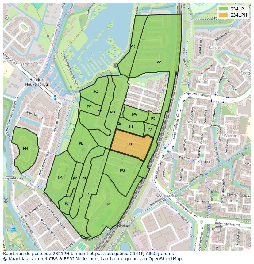 Afbeelding van het postcodegebied 2341 PH op de kaart.