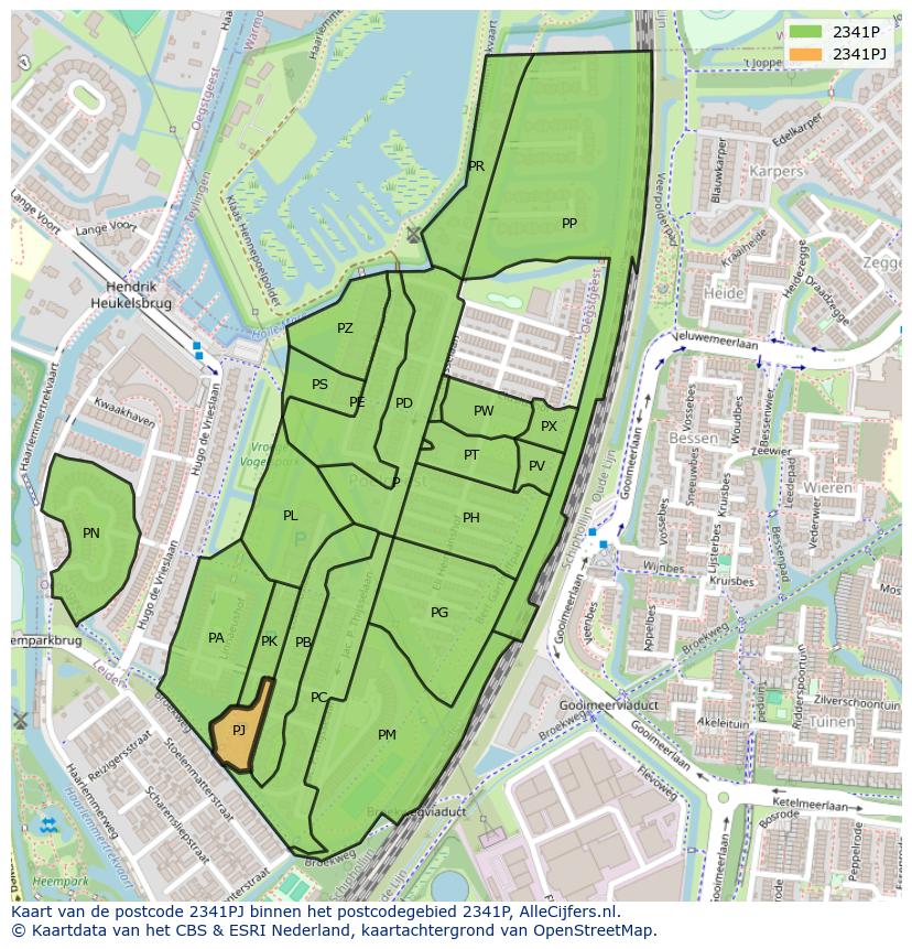Afbeelding van het postcodegebied 2341 PJ op de kaart.