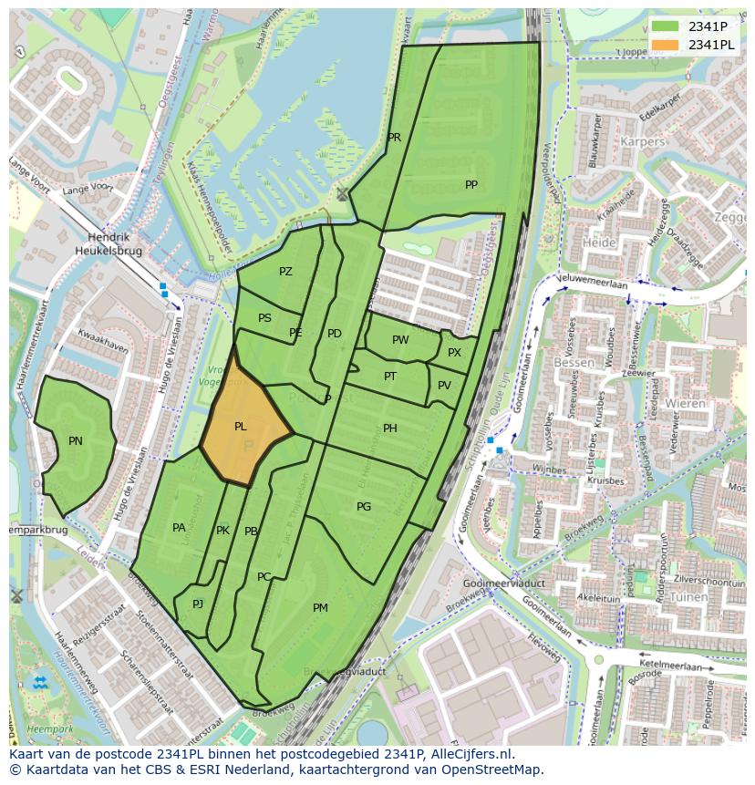 Afbeelding van het postcodegebied 2341 PL op de kaart.