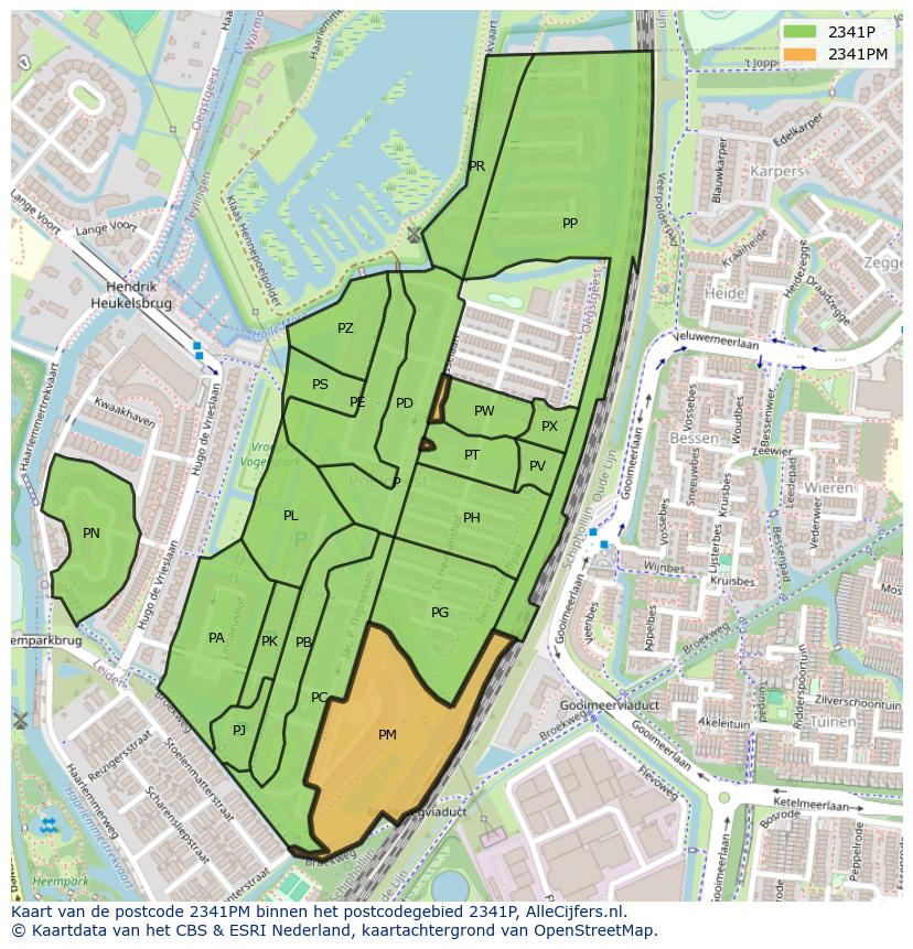 Afbeelding van het postcodegebied 2341 PM op de kaart.