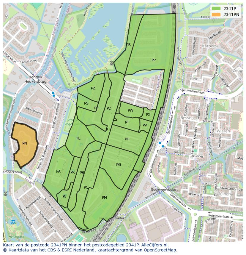 Afbeelding van het postcodegebied 2341 PN op de kaart.