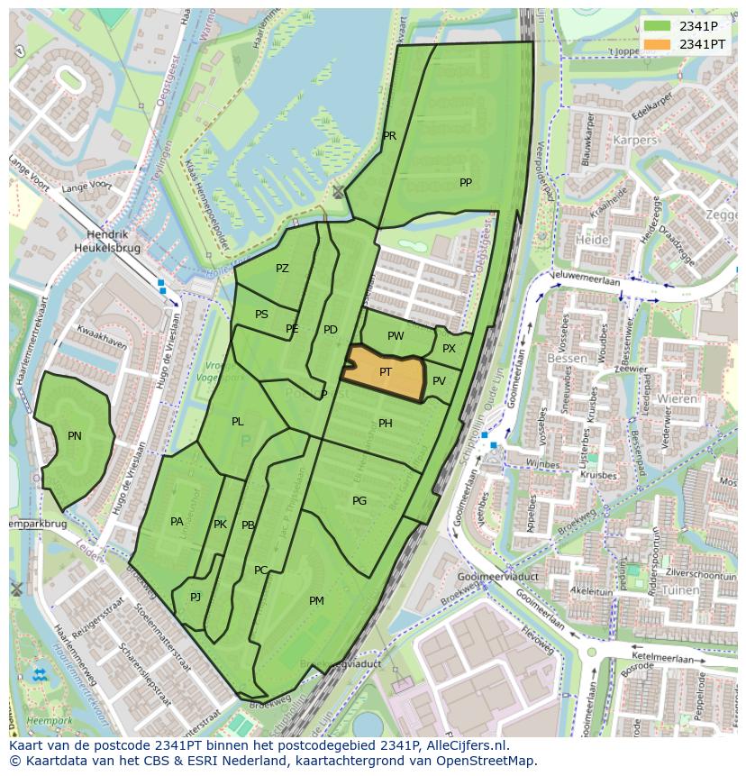 Afbeelding van het postcodegebied 2341 PT op de kaart.