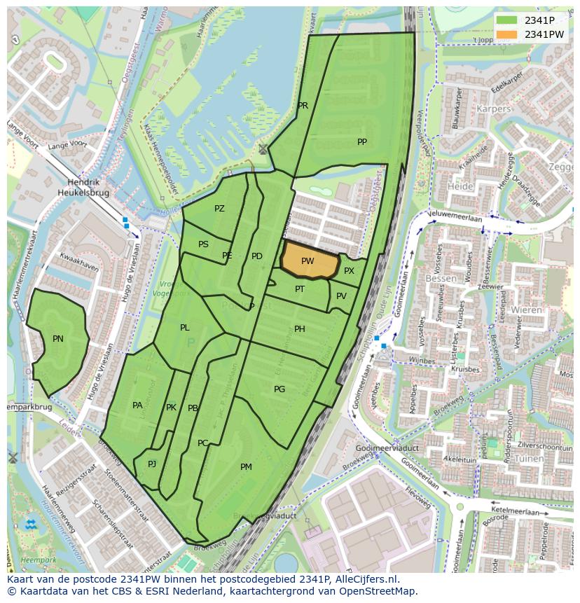 Afbeelding van het postcodegebied 2341 PW op de kaart.
