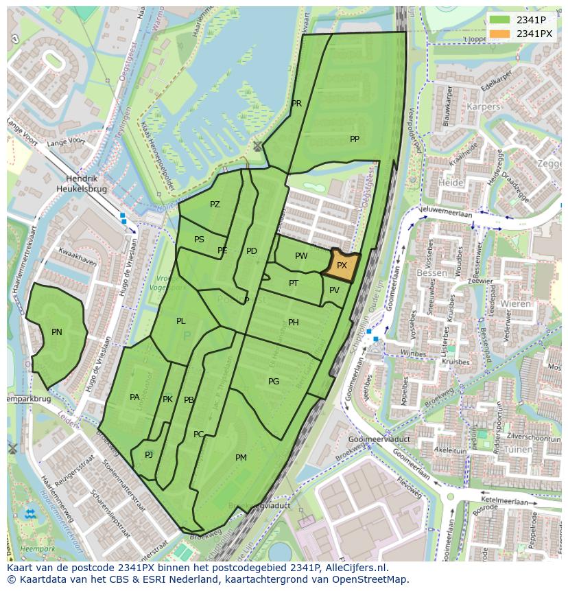 Afbeelding van het postcodegebied 2341 PX op de kaart.