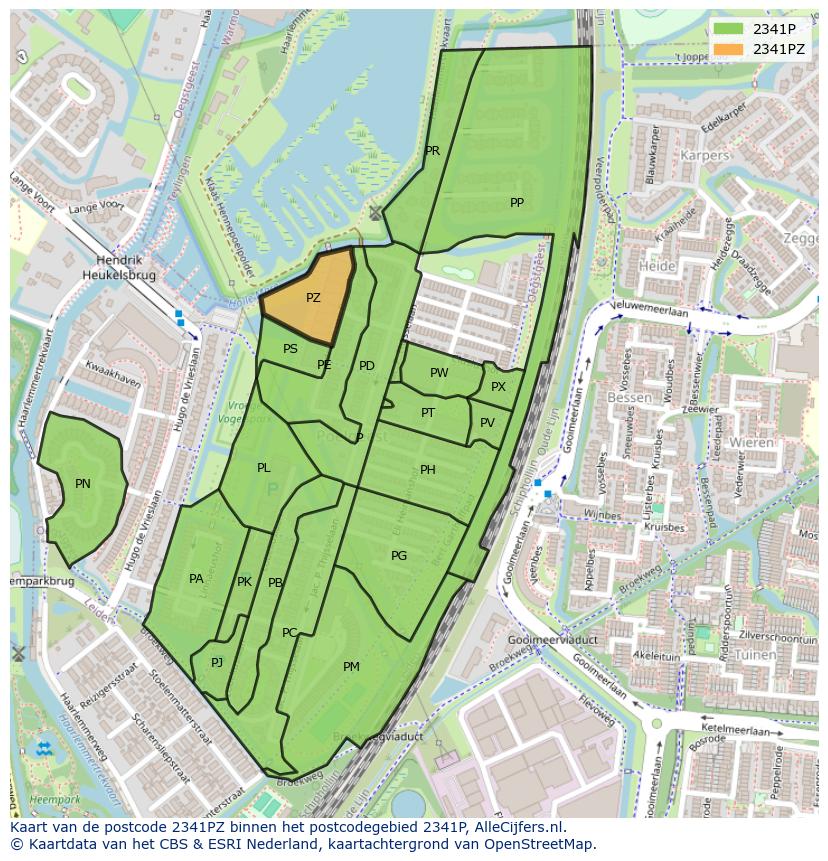 Afbeelding van het postcodegebied 2341 PZ op de kaart.