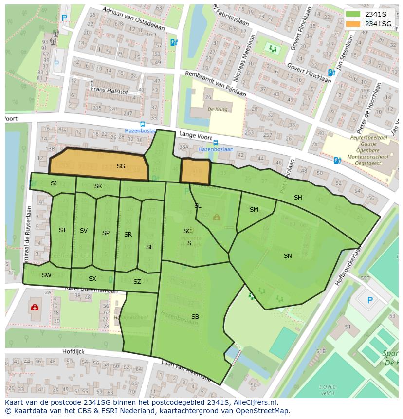 Afbeelding van het postcodegebied 2341 SG op de kaart.