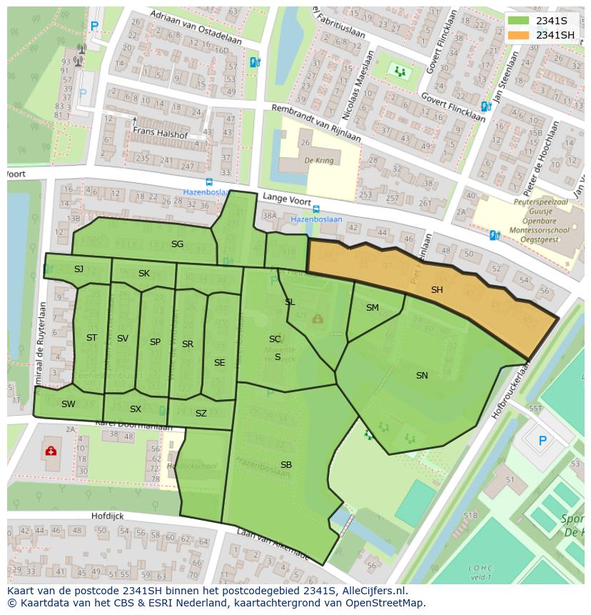 Afbeelding van het postcodegebied 2341 SH op de kaart.