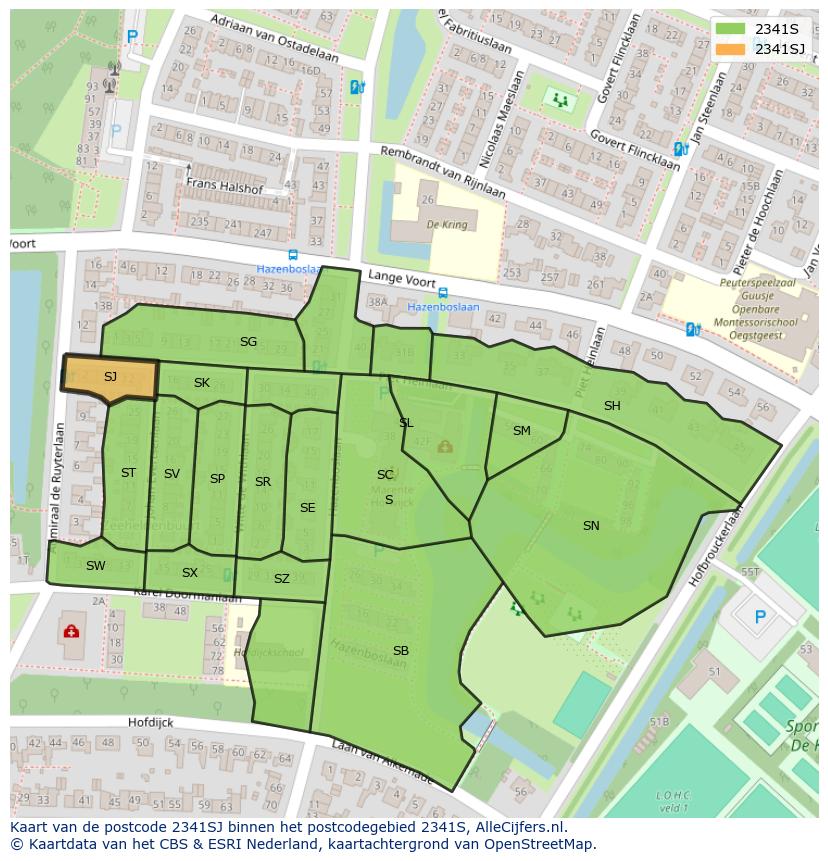 Afbeelding van het postcodegebied 2341 SJ op de kaart.