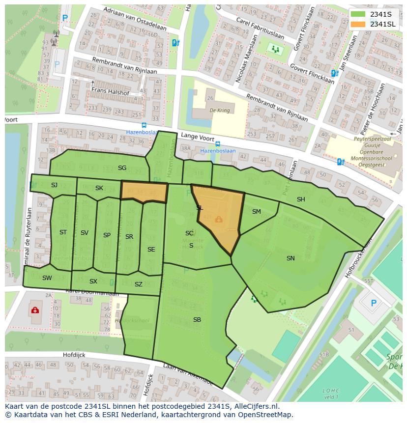 Afbeelding van het postcodegebied 2341 SL op de kaart.