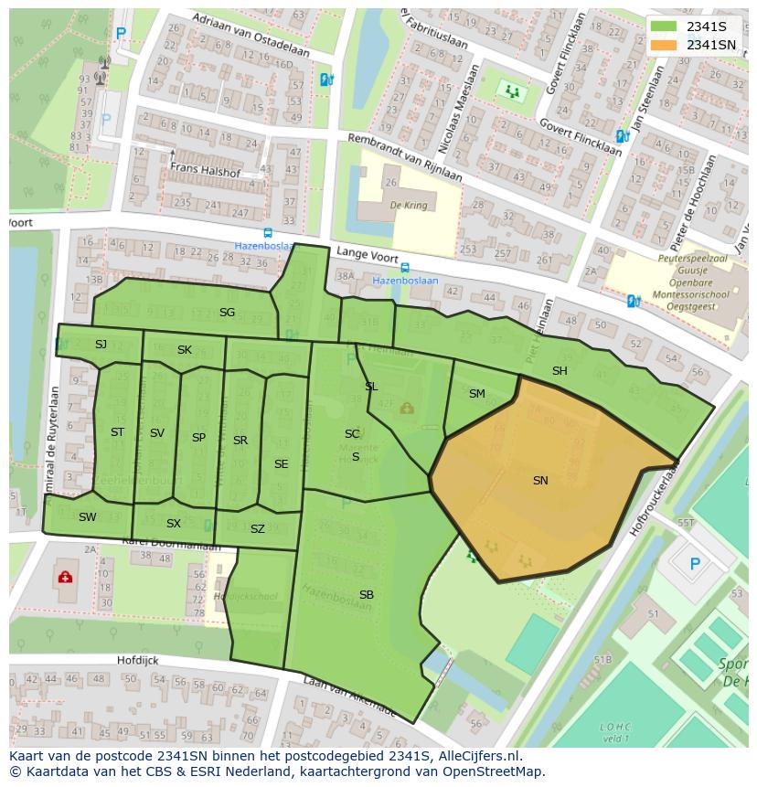 Afbeelding van het postcodegebied 2341 SN op de kaart.