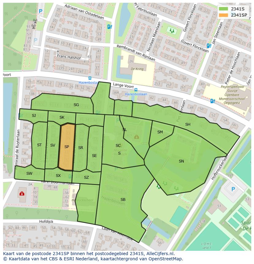 Afbeelding van het postcodegebied 2341 SP op de kaart.