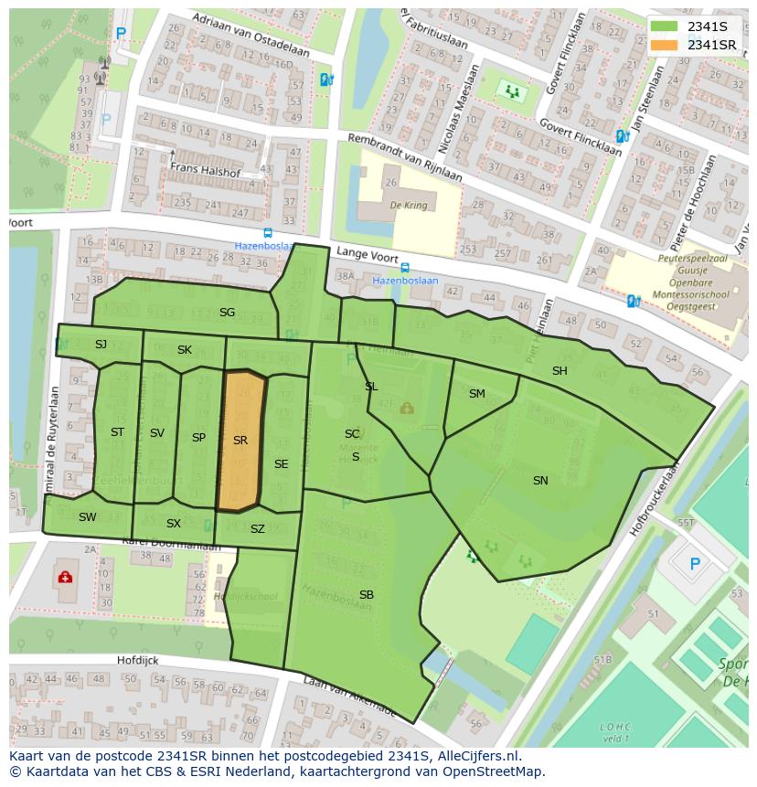 Afbeelding van het postcodegebied 2341 SR op de kaart.