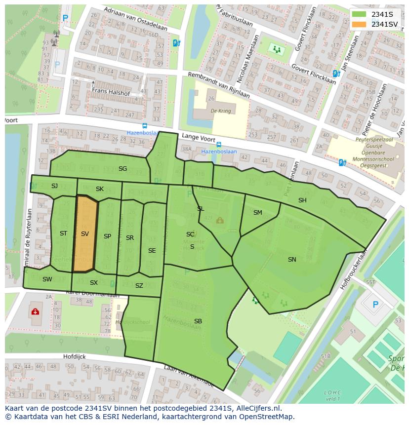 Afbeelding van het postcodegebied 2341 SV op de kaart.