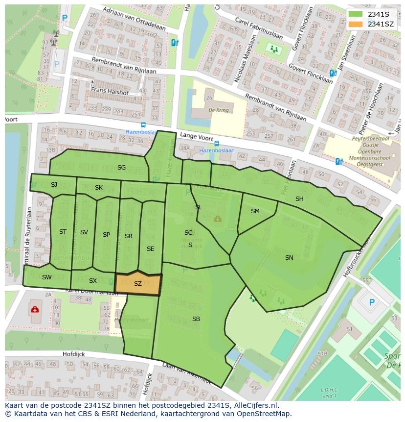 Afbeelding van het postcodegebied 2341 SZ op de kaart.