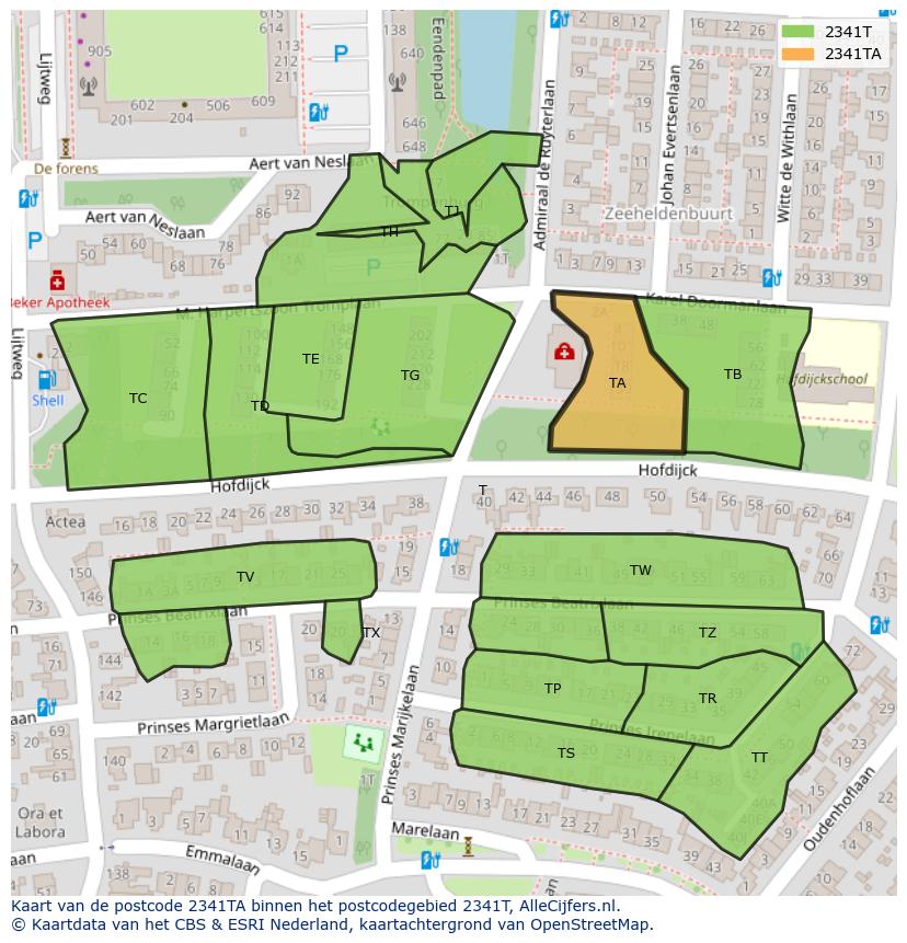 Afbeelding van het postcodegebied 2341 TA op de kaart.