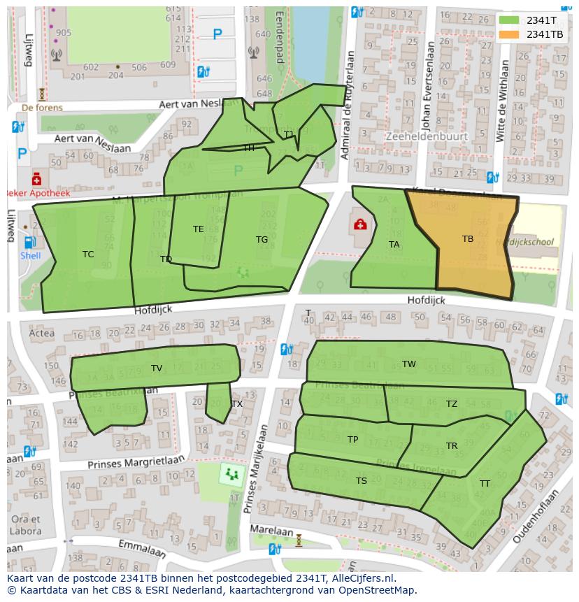 Afbeelding van het postcodegebied 2341 TB op de kaart.