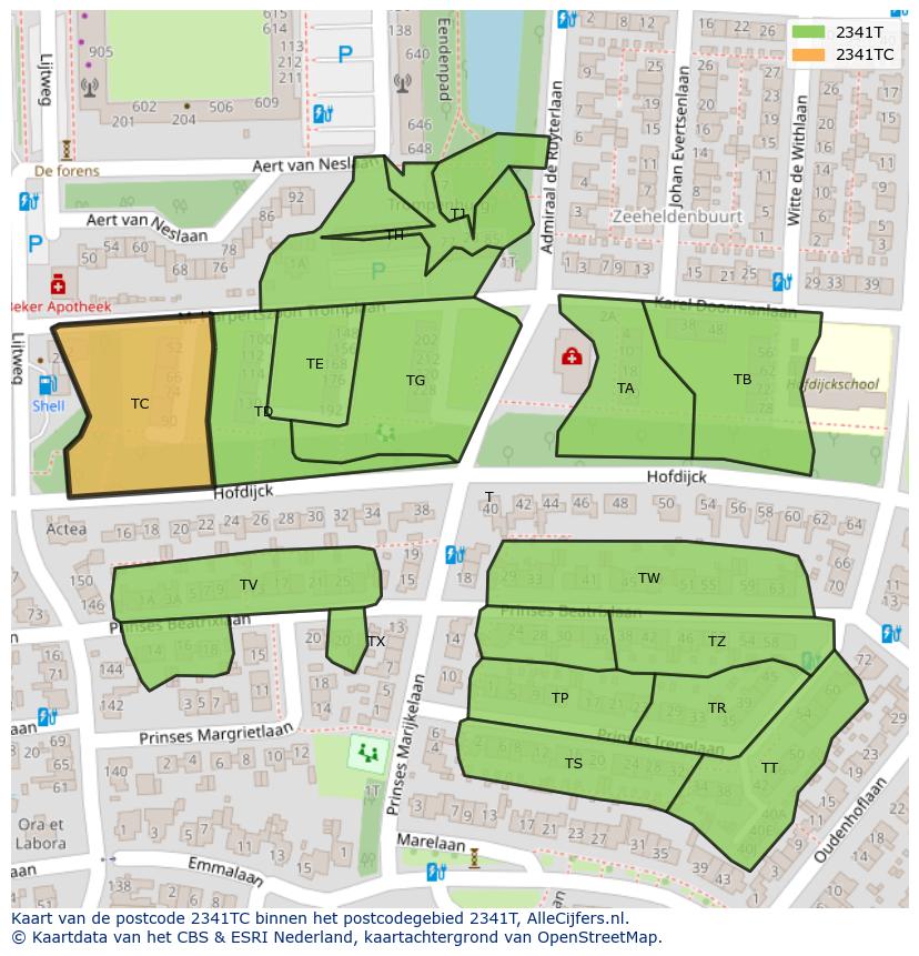 Afbeelding van het postcodegebied 2341 TC op de kaart.