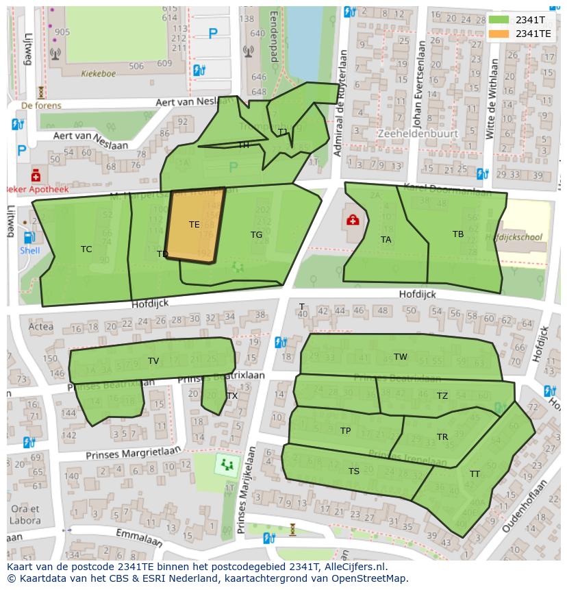 Afbeelding van het postcodegebied 2341 TE op de kaart.