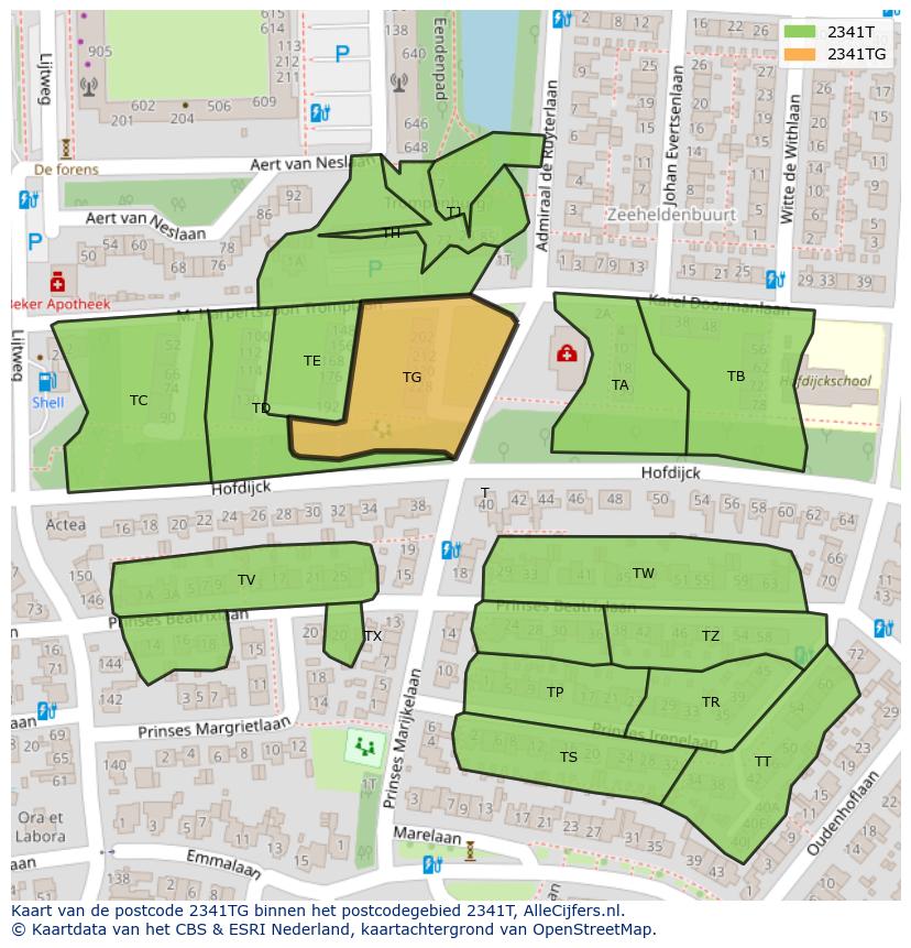 Afbeelding van het postcodegebied 2341 TG op de kaart.