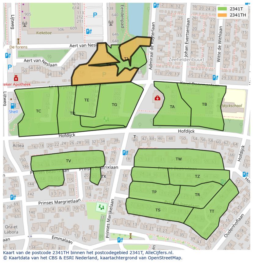 Afbeelding van het postcodegebied 2341 TH op de kaart.