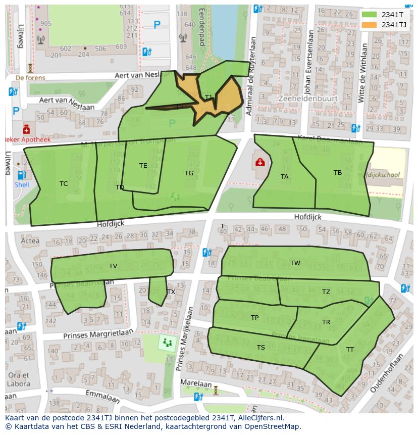 Afbeelding van het postcodegebied 2341 TJ op de kaart.