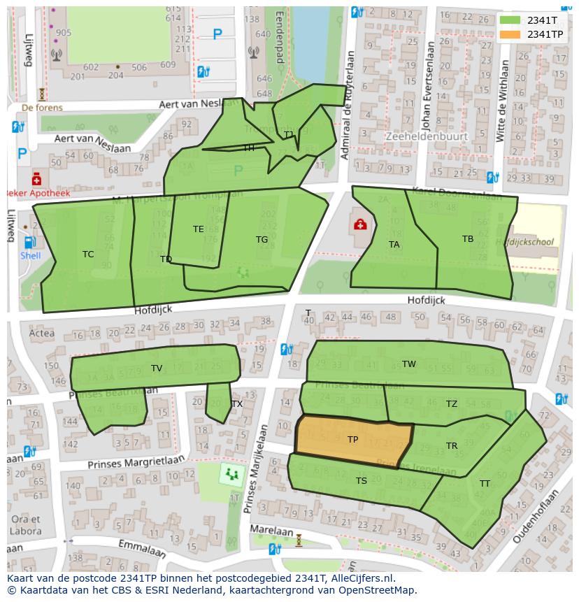 Afbeelding van het postcodegebied 2341 TP op de kaart.