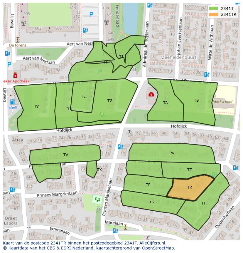 Afbeelding van het postcodegebied 2341 TR op de kaart.