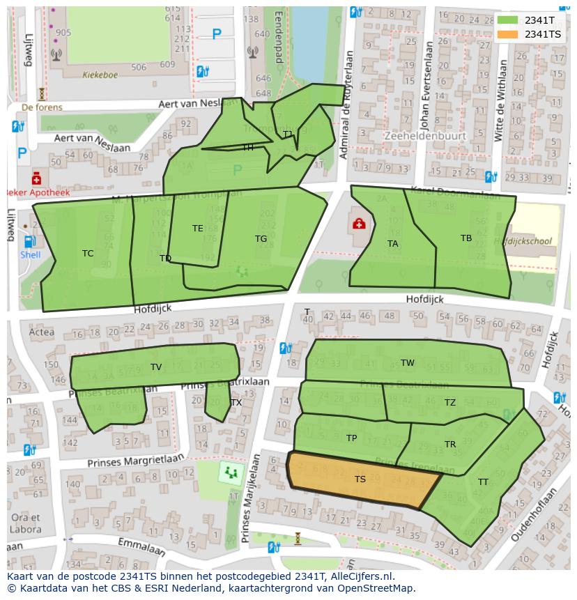 Afbeelding van het postcodegebied 2341 TS op de kaart.