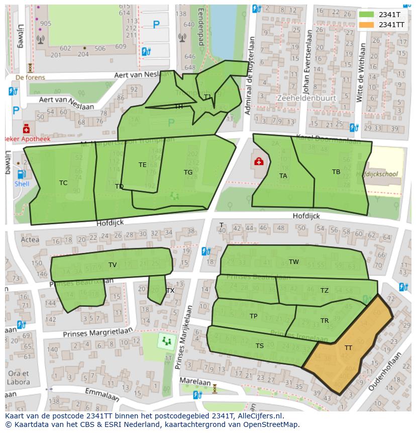 Afbeelding van het postcodegebied 2341 TT op de kaart.