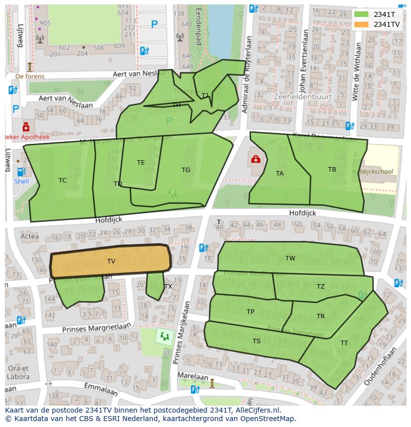 Afbeelding van het postcodegebied 2341 TV op de kaart.