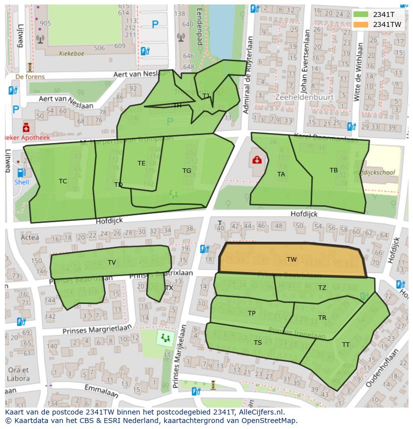 Afbeelding van het postcodegebied 2341 TW op de kaart.